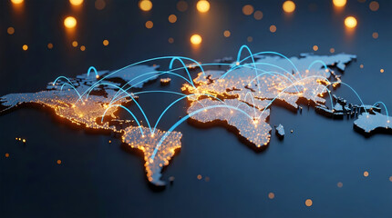 Digital World Map Network showing Global Business Connections, Internet Telecommunication, Technology and Data Transfer