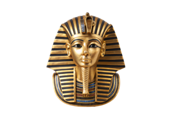Egyptian Tutankhamun golden death mask with striped nemes headcloth, isolated on a transparent background