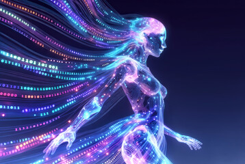 generative art. technologies of the future. The glowing body of the AI cyber agent is made of information
