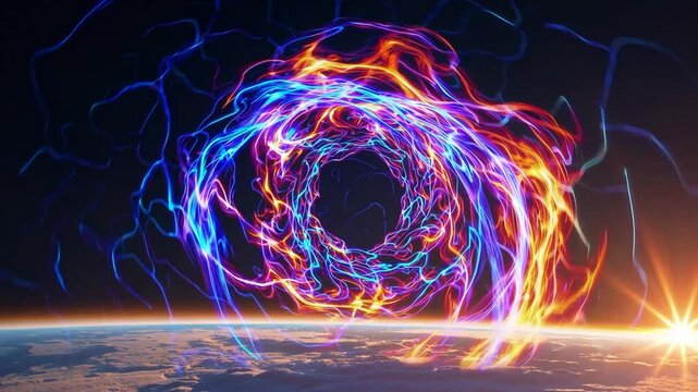 A brilliant vortex of colorful energy spirals upward into the dark void of space, creating a mesmerizing dance of light. Below, the soft white clouds linger, partially illuminated