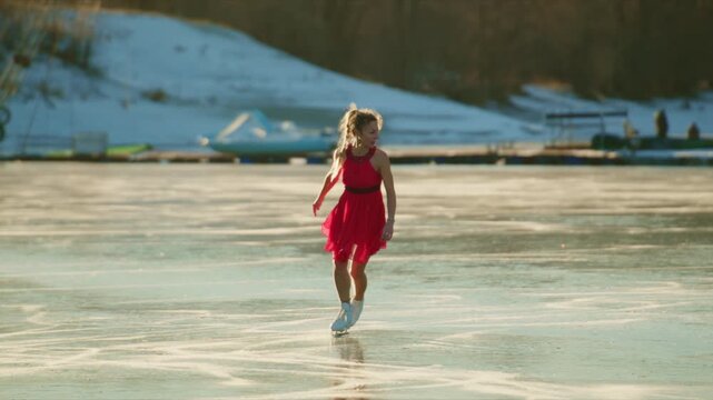 A graceful figure skater glides effortlessly across a shimmering ice surface, dressed in a vibrant red dress, showcasing elegance and skill in a picturesque winter landscape adorned with gentle