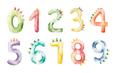 Cute dinosaur numbers. Watercolor hand drawn prehistoric illustration for invitation card, nursery poster. Sketch on transparent background. Perfect for for nursery and baby shower, tropical design