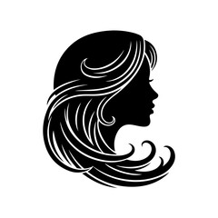 Silhouette of a woman's profile with flowing, stylized hair, rendered in black and white.