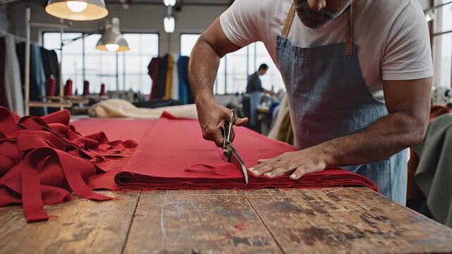 A skilled tailor is carefully cutting a large piece of red fabric in a well-lit workshop with sewing tools and clothing in the background