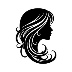 Silhouette of a woman's profile with flowing, stylized hair, rendered in black and white.
