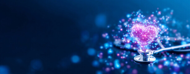 Stethoscope with glowing heart shape symbolizes integrated health services and care