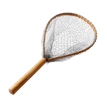 Traditional wooden handled fishing landing net for angling hobby isolated on transparent background
