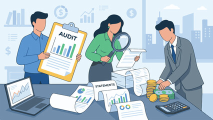 Financial Audit Team Analyzing Business Reports, Data, and Money