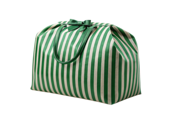 Green striped fabric gift bag with satin ribbon bow decoration, isolated on a transparent background
