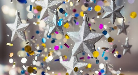 Festive Celebration with Silver Stars and Colorful Confetti.