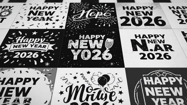 Black and white grid with new year greetings and typography