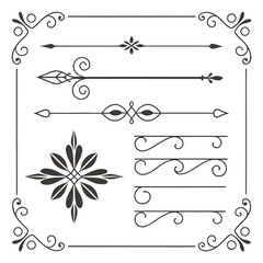 Cute Hand drawn big vintage flower ornament text dividers, arrows, flourishes and laurel vector design elements set for decoration
