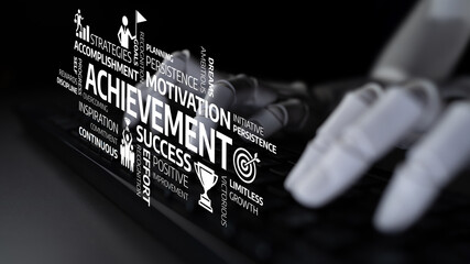 This image symbolizes the fusion of technology and human ambition, highlighting themes of motivation and achievement with a robotic hand typing to illustrate continuous progress. Tessel