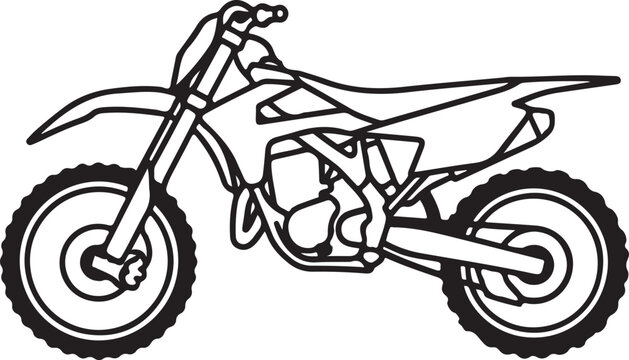 Black and white line art of a dirt bike motorcycle in profile view motocross off road