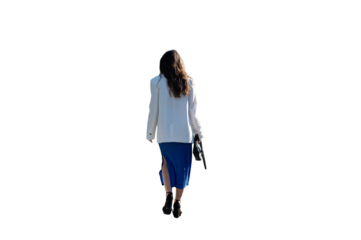 Rear view of a woman in a dress with long dark hair walking away isolated on white background