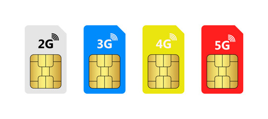 Set of four colored SIM cards showing 2G, 3G, 4G, and 5G mobile network technologies vector graphics