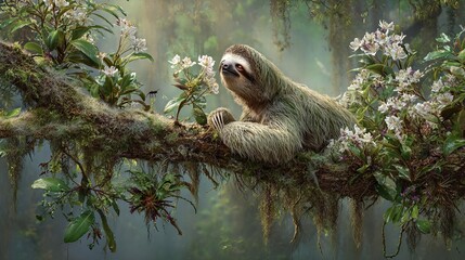 Naklejka premium A sloth rests on a mossy branch amidst lush foliage, surrounded by delicate white flowers, bathed in soft light
