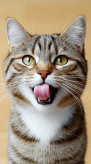 Fototapeta premium Happy tabby cat with golden fur licking nose, bright eyes, closeup, playful expression, indoor, adorable pet portrait