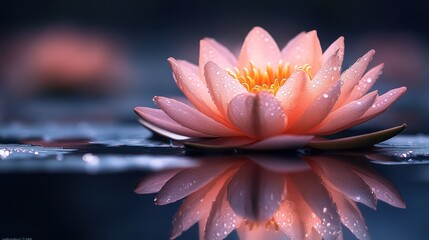 Soft pink lotus flower on water, dew drops