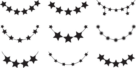 Assortment of Black Star Garlands and Decorative Arcs on White Background curve decoration