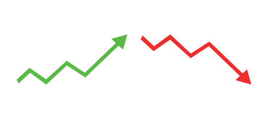 Stock market trend up and down arrows, business investment growth and loss arrow, financial graphs