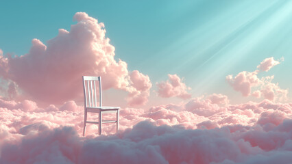 Surreal White Chair Floating Above Pink Clouds in Dreamy Sky Light © Designbrisa
