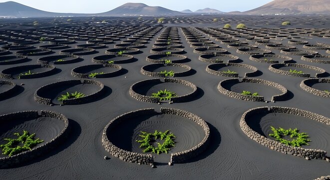 Unique Volcanic Vineyard Landscape in Lanzarote, Canary Islands.