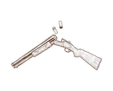 Double-barrel shotgun ejecting shells line art illustration