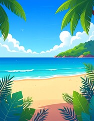 Tropical beach scene framed by palm leaves