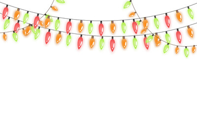 String of Christmas lights in vector clipart style with colorful bulbs overlay style. PNG illustration for festive decor, borders, cards, or holiday design with transparent background.