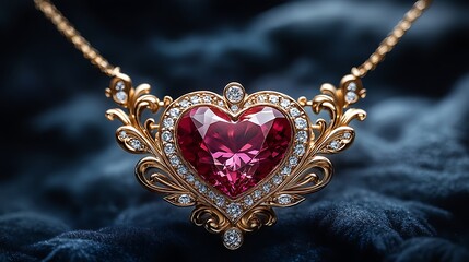 Exquisite heart-shaped ruby and diamond necklace on a dark blue velvet background high resolution image
