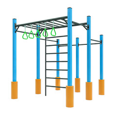 Outdoor Fitness Equipment With Blue Vertical Poles Yellow Protective Pads Green Triangle Rings and Metal Monkey Bars Against Black Background Detailed Studio Shot
