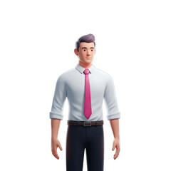 Professional Cartoon Man In White Shirt And Pink Tie Standing With Dark Pants On Transparent Background With Soft Studio Lighting High Quality 3D Render