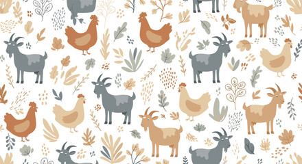 Seamless pattern with stylized farm animals, including goats and chickens, surrounded by various botanical elements and leaves in earthy tones.