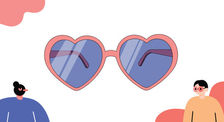 Two people observe a large pair of pink heart-shaped sunglasses floating between them in a minimalist, light-hearted illustration.
