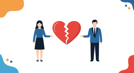 A man and woman stand apart, separated by a broken heart, representing divorce, relationship problems, or heartbreak.