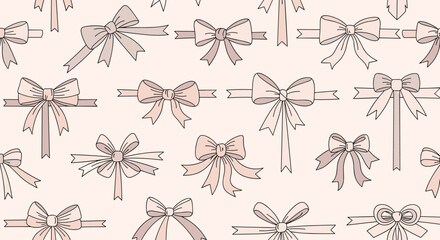 Elegant seamless pattern featuring an assortment of hand-drawn bows and ribbons in soft pastel shades on a light background, perfect for decorative designs.
