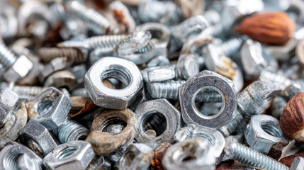 Close up of metallic nuts and bolts in hard lighting, showcasing their shiny surfaces and intricate details. image captures industrial feel and texture of these hardware components