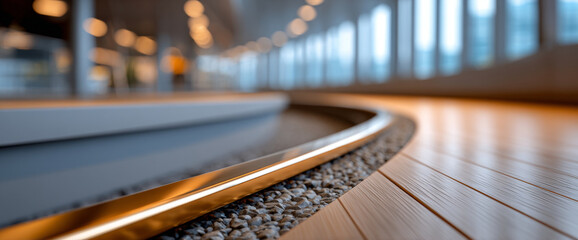 Close-up of modern indoor curved metal rail embedded in pebbles with wooden floor and blurred background lights in spacious interior