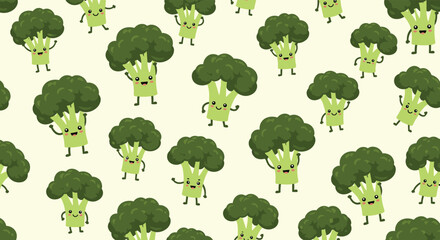 Cute and happy green broccoli characters in a fun, cheerful seamless pattern, perfect for healthy food themes and kid-friendly designs.
