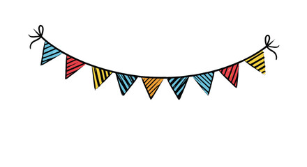 A cheerful, hand-drawn illustration of a curved bunting banner featuring striped triangular pennants in vibrant colors, ideal for party decor.