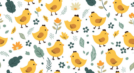 Playful seamless pattern featuring cute cartoon yellow chicks, delicate green leaves, and charming orange flowers on a white backdrop.