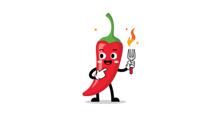 Cute cartoon red chili pepper character with a happy face, pointing, and holding a flaming fork, symbolizing spiciness.
