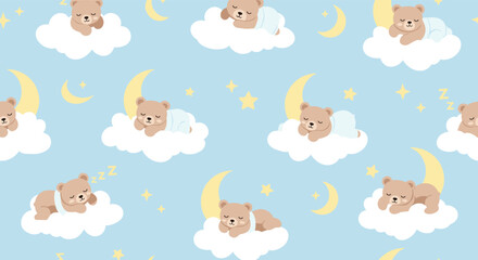 Seamless pattern of adorable baby bears sleeping peacefully on fluffy white clouds, surrounded by yellow crescent moons and twinkling stars on a soft blue background.
