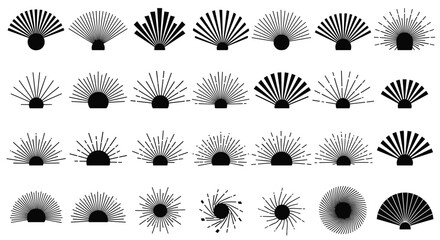 Diverse collection of retro and vintage-inspired sunburst, sunrise, and radial fan line patterns for creative design projects.
