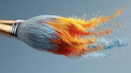 Close up of paintbrush with visible bristles, showcasing vibrant orange and blue paint particles in motion against neutral background