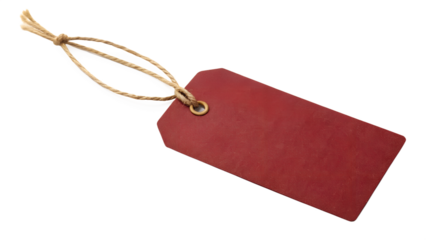 Blank deep red rectangular price tag with natural twine string attached for retail display or gift marking on transparent background