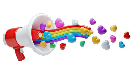 Red and white megaphone projecting a vibrant rainbow stream adorned with colorful heart shapes on a transparent background symbolizing love and joy broadcasting messages of positivity and acceptance