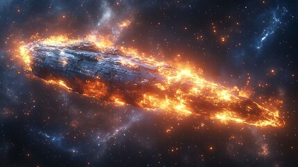 Spaceship engulfed in flames traversing cosmic vastness high resolution image