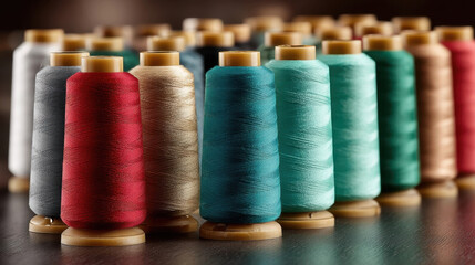Collection of colorful thread spools is arranged in rows, showcasing variety of vibrant hues. spools are neatly aligned on wooden surface, highlighting texture and sheen of threads
